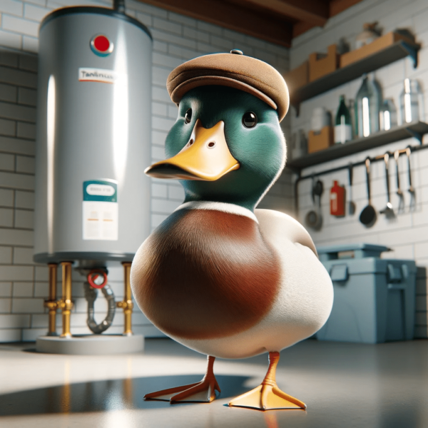 lucky the duck in front of a new water heater installation in buffalo, ny